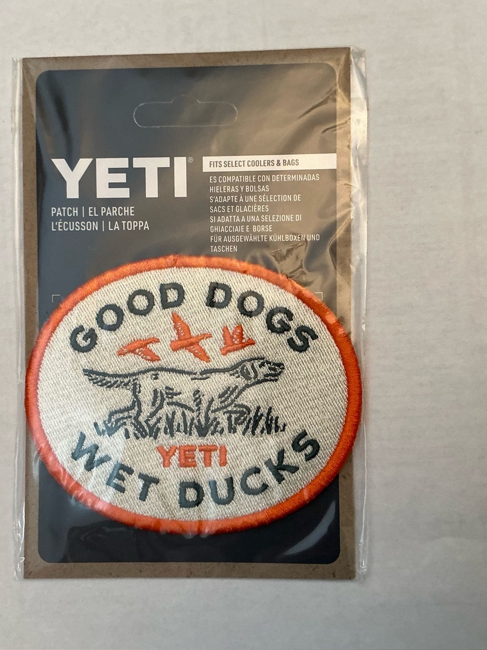 YETI Good Dogs Wet Ducks Embroidered Patch - Orange, White, Black